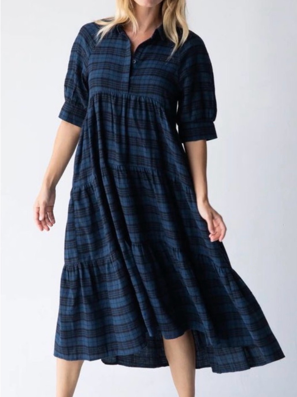 Natural Life Rebecca Blue Plaid Flannel Tiered Midi Dress XXL Prairie Cottage